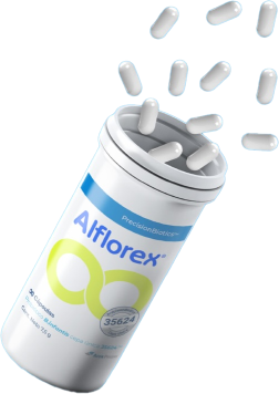Cápsulas de Alflorex probiótico en frasco abierto